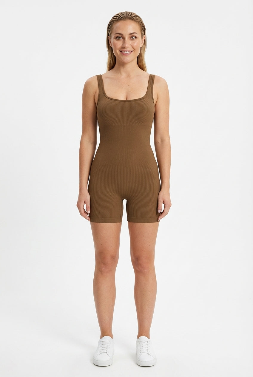 Luna Jumpsuit Seamless Open Back Brown Small Brown