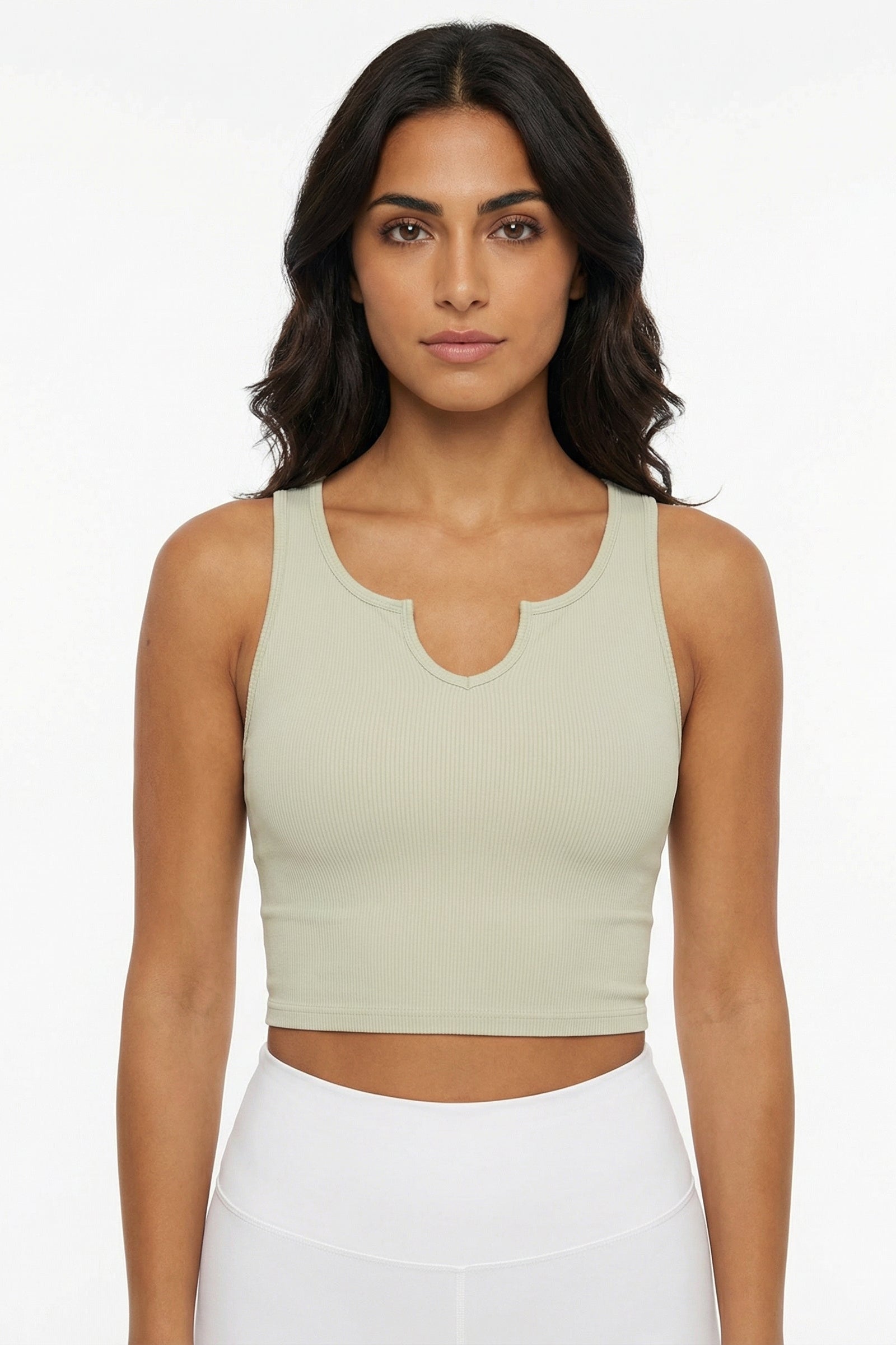Crop Top V Hals   Med Indbygget Bh Khaki   Small   Khaki